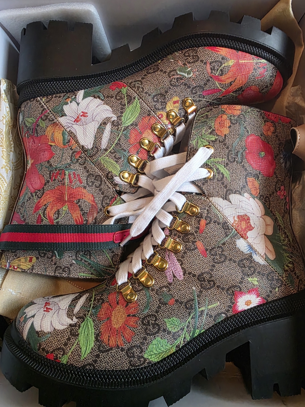 Gucci Designer Floral Canvas Combat Boots - Brown Floral